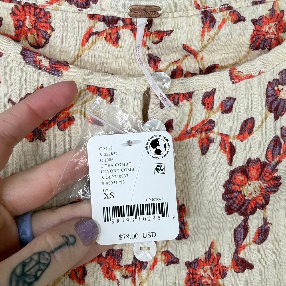 NEW Free People Tilly Tea Combo Ivory Floral Button Cotton Long Sleeve Top XS - Picture 8 of 9